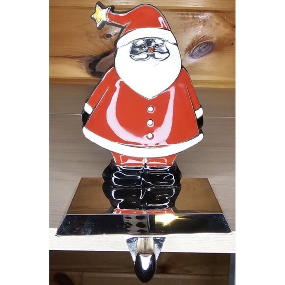 Metal Enamel SANTA CLAUS Christmas STOCKING HANGER Mantel Holder Hook Holiday - Picture 6 of 8